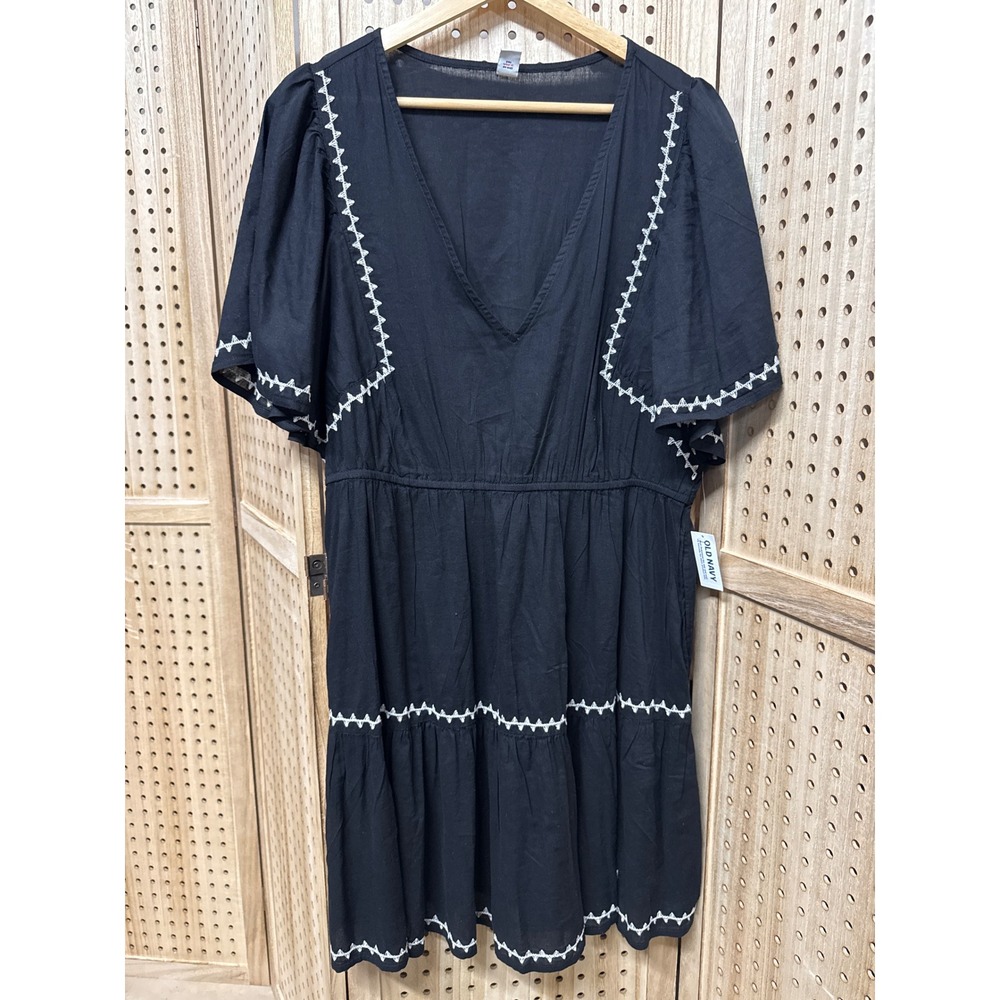 Old Navy Womens Black Embroidered Tiered Mini Dress V-Neck Short Sleeve L 705513